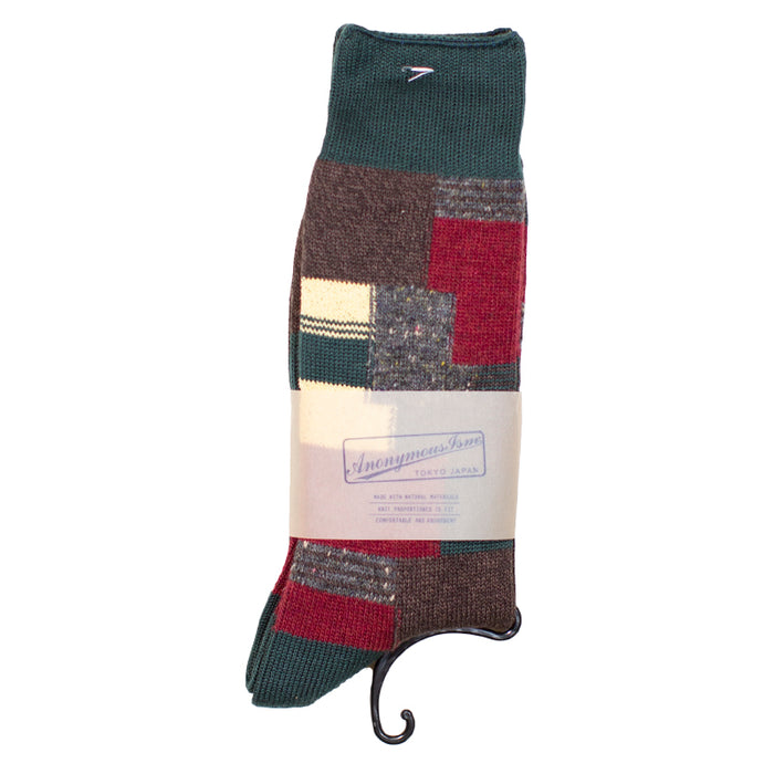 Anonymous ism - Green/Brown/Red Patchwork Socks